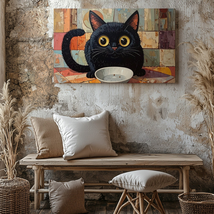 Pleading Black Cat Canvas – Surreal Feline Staring at Empty Bowl - Gifitto