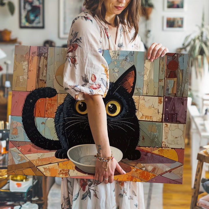 Pleading Black Cat Canvas – Surreal Feline Staring at Empty Bowl - Gifitto