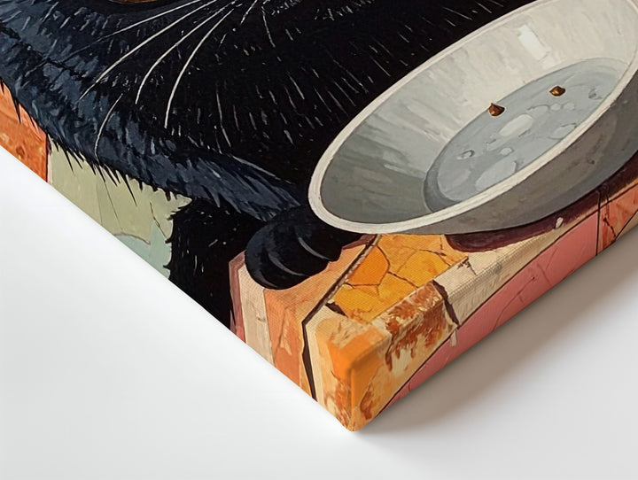 Pleading Black Cat Canvas – Surreal Feline Staring at Empty Bowl - Gifitto