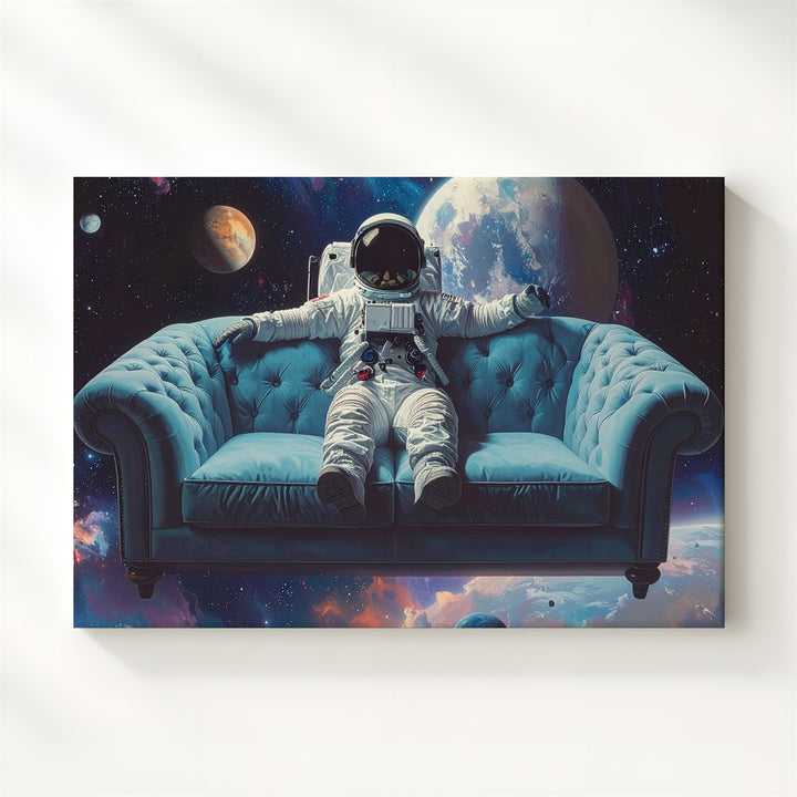 Cosmic Couch Canvas – Surreal Astronaut on Sofa Floating Through Space - Gifitto