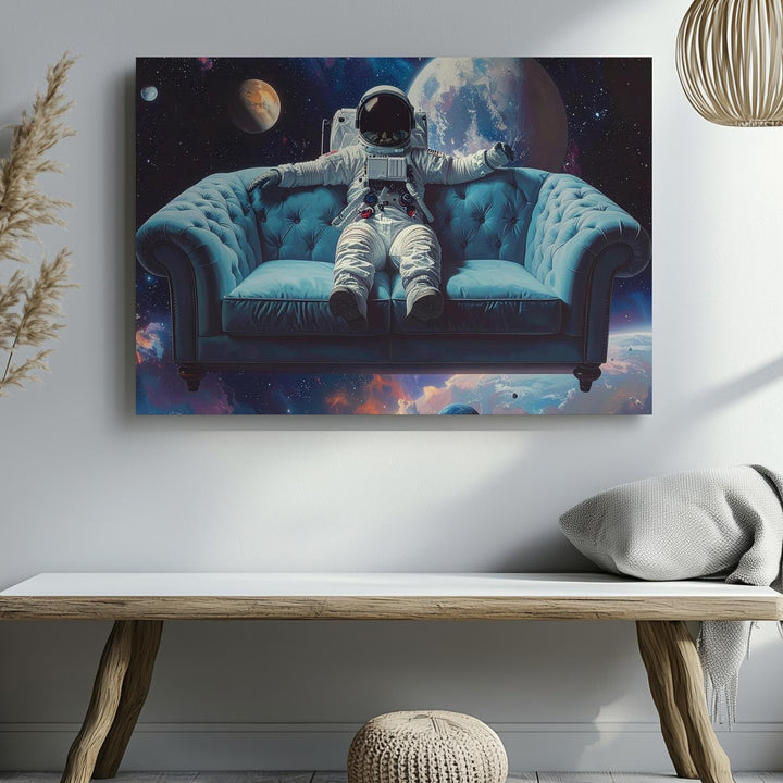 Cosmic Couch Canvas – Surreal Astronaut on Sofa Floating Through Space - Gifitto