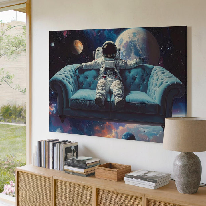 Cosmic Couch Canvas – Surreal Astronaut on Sofa Floating Through Space - Gifitto