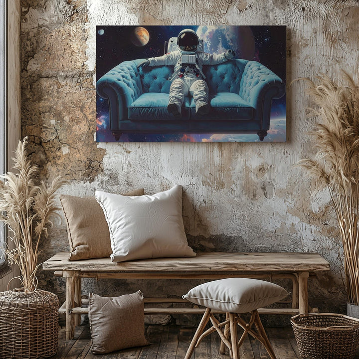 Cosmic Couch Canvas – Surreal Astronaut on Sofa Floating Through Space - Gifitto