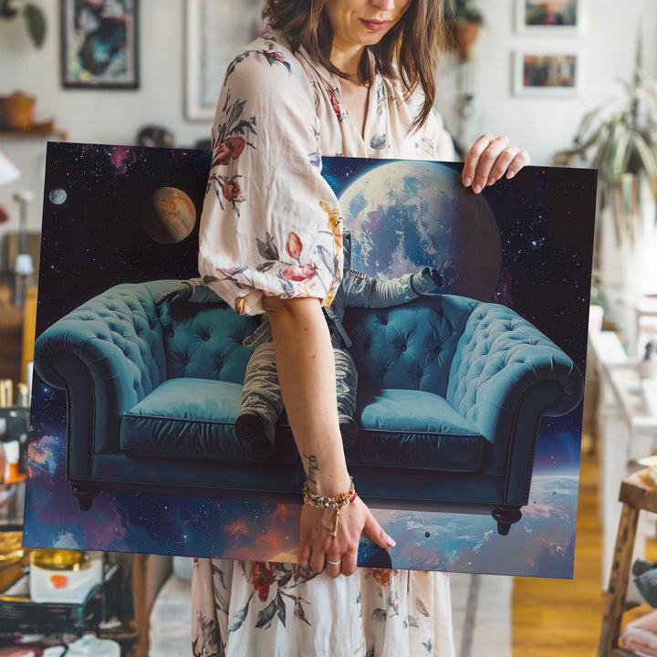 Cosmic Couch Canvas – Surreal Astronaut on Sofa Floating Through Space - Gifitto