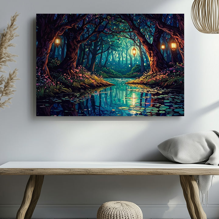 Lantern Glade Canvas – Magical Forest Cathedral Fantasy Wall Art - Gifitto
