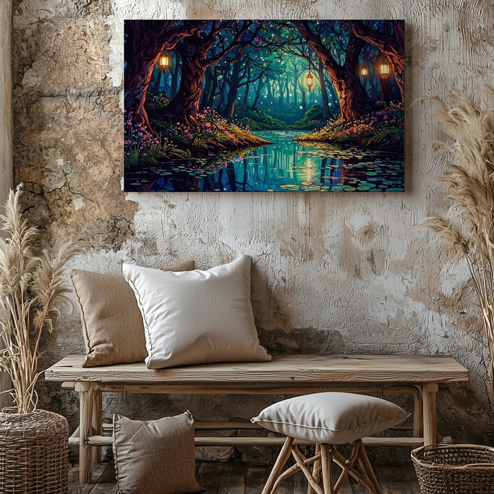 Lantern Glade Canvas – Magical Forest Cathedral Fantasy Wall Art - Gifitto