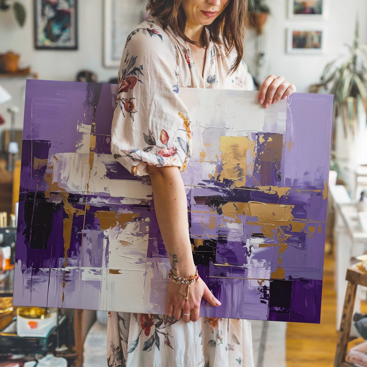 Violet Rhythm Abstract Canvas – Vibrant Purple & Ochre Brushstroke Art - Gifitto