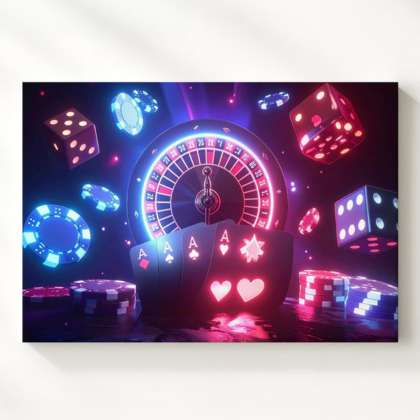 Neon Casino Spin Canvas – Futuristic Roulette & Gaming Elements Wall Art - Gifitto