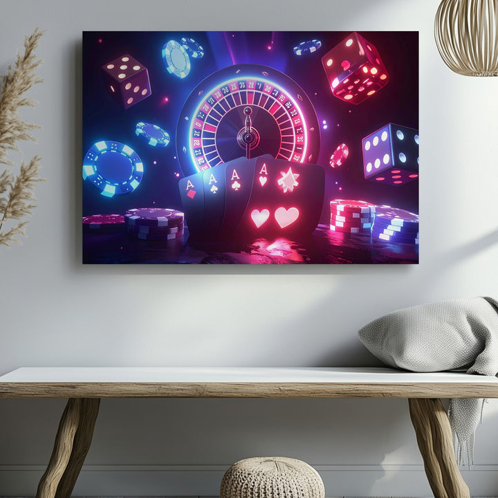 Neon Casino Spin Canvas – Futuristic Roulette & Gaming Elements Wall Art - Gifitto