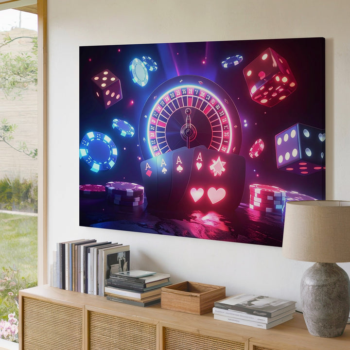 Neon Casino Spin Canvas – Futuristic Roulette & Gaming Elements Wall Art - Gifitto