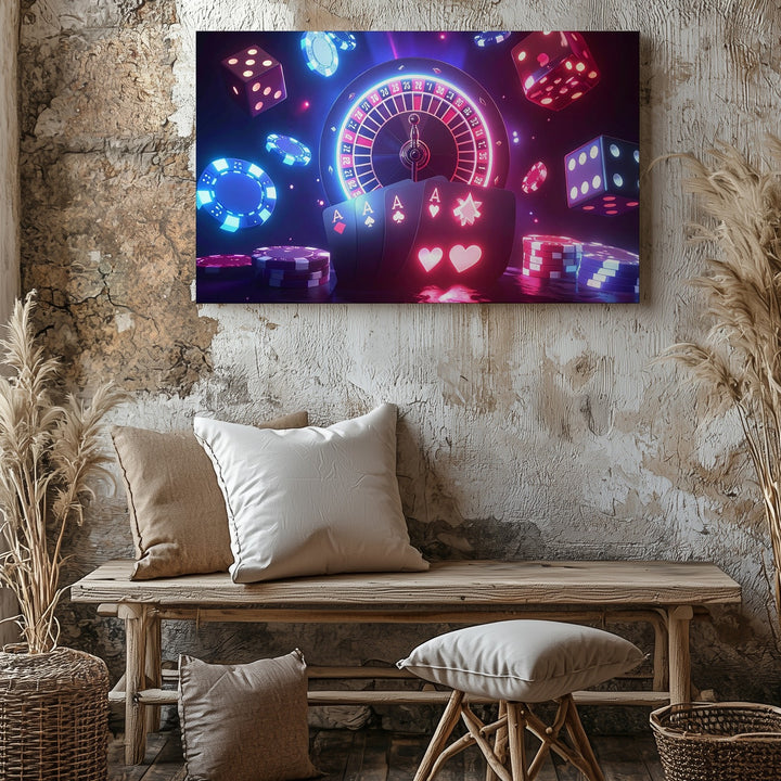 Neon Casino Spin Canvas – Futuristic Roulette & Gaming Elements Wall Art - Gifitto