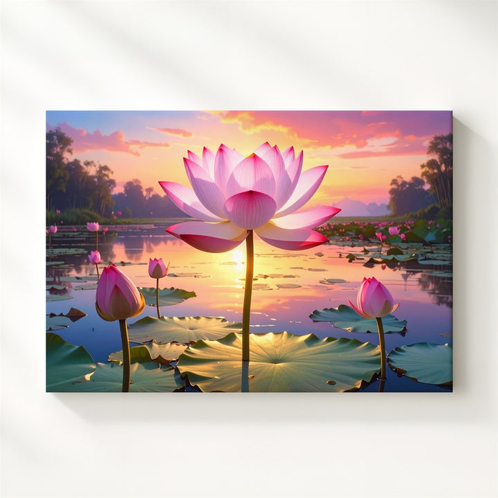 Sunset Lotus Lake Canvas – Hyper-Realistic Floral Art of Peace & Renewal - Gifitto