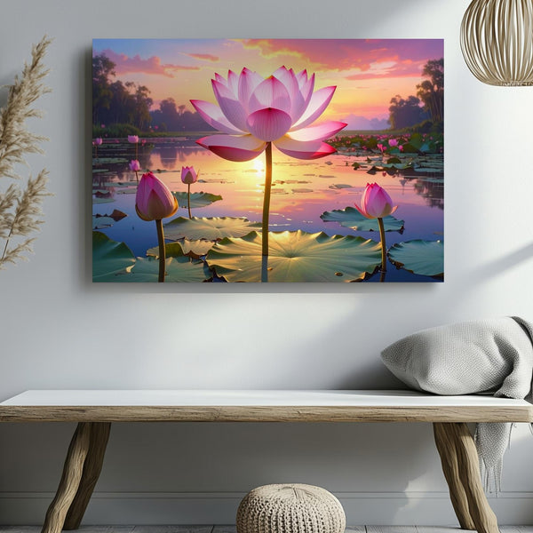 Sunset Lotus Lake Canvas – Hyper-Realistic Floral Art of Peace & Renewal - Gifitto
