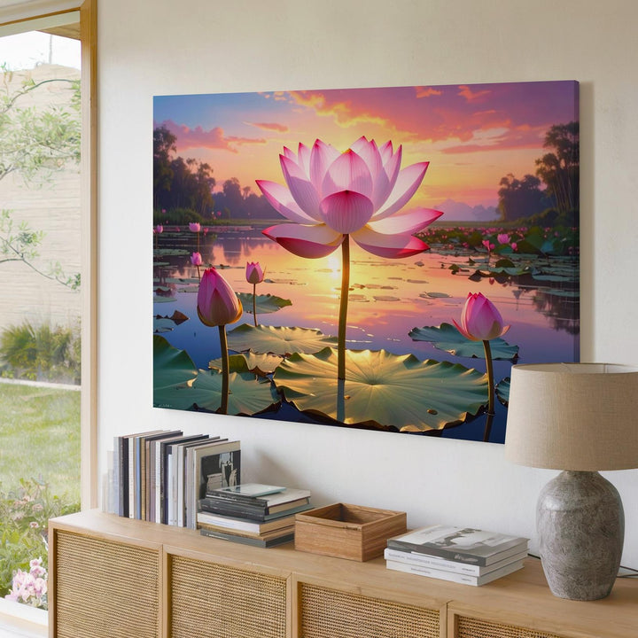 Sunset Lotus Lake Canvas – Hyper-Realistic Floral Art of Peace & Renewal - Gifitto