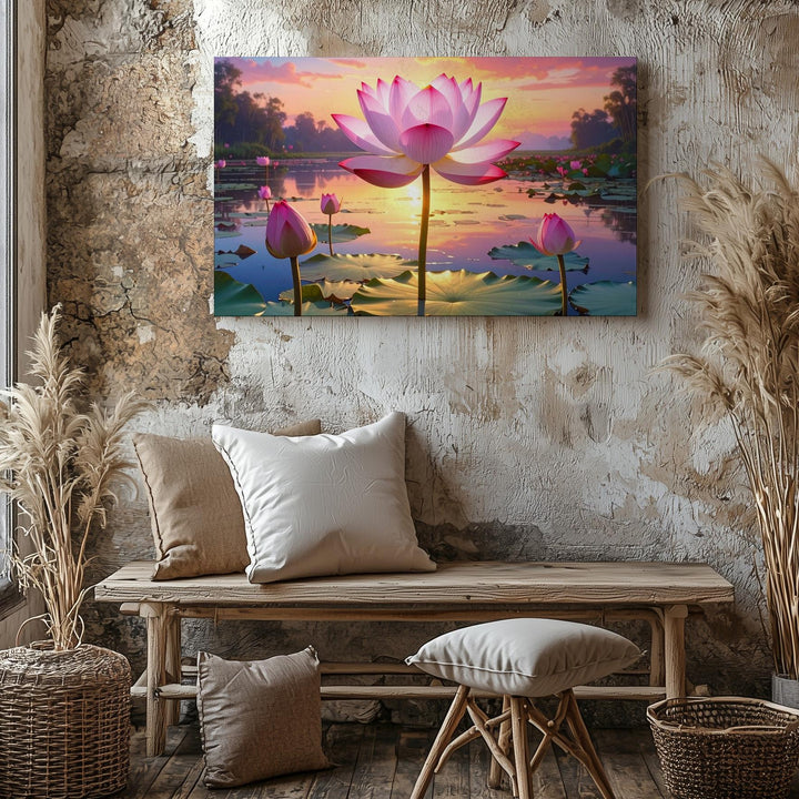 Sunset Lotus Lake Canvas – Hyper-Realistic Floral Art of Peace & Renewal - Gifitto
