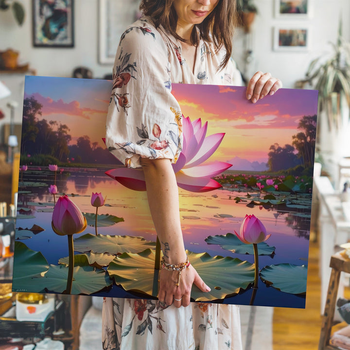 Sunset Lotus Lake Canvas – Hyper-Realistic Floral Art of Peace & Renewal - Gifitto