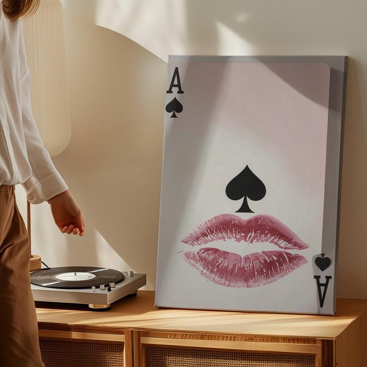 Romantic Ace of Spades Canvas – Playful Graphic Design with Lipstick Kiss Marks - Gifitto