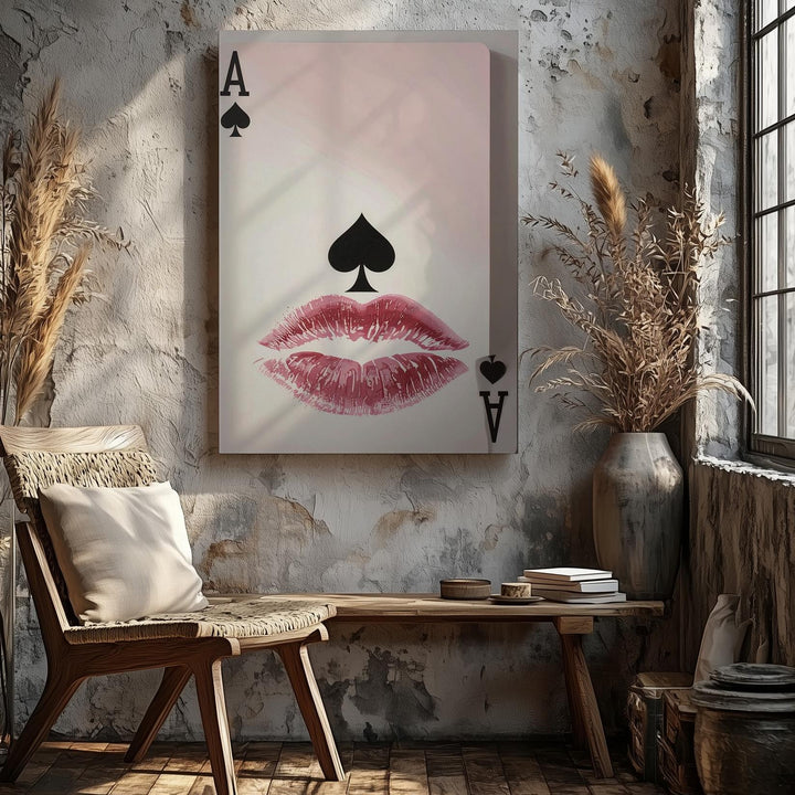 Romantic Ace of Spades Canvas – Playful Graphic Design with Lipstick Kiss Marks - Gifitto