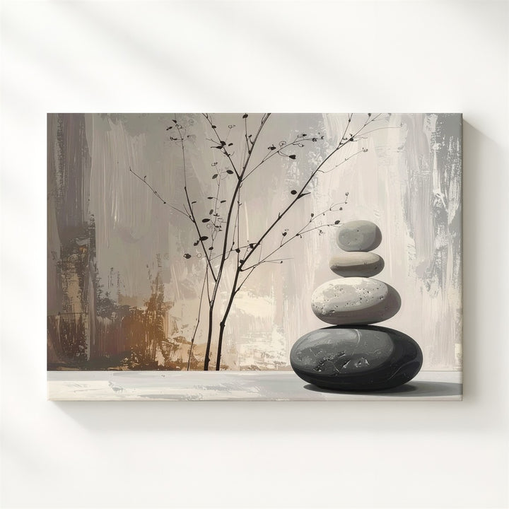 Stacked Stones & Botanical Mural Canvas – Minimalist Zen Still Life Art - Gifitto