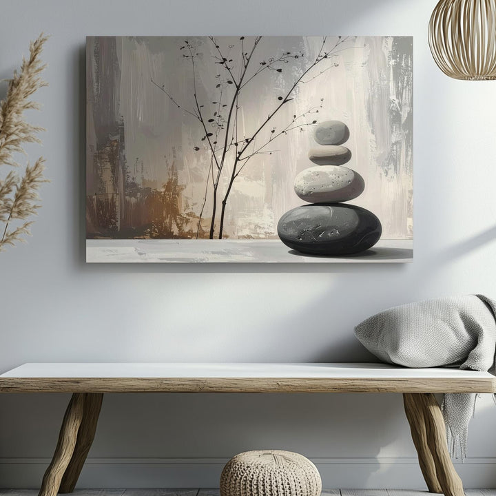 Stacked Stones & Botanical Mural Canvas – Minimalist Zen Still Life Art - Gifitto