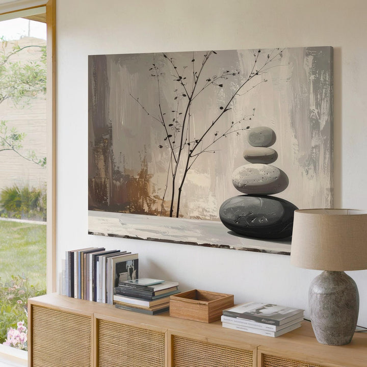 Stacked Stones & Botanical Mural Canvas – Minimalist Zen Still Life Art - Gifitto