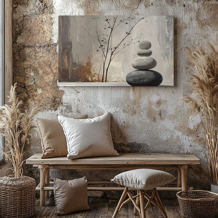 Stacked Stones & Botanical Mural Canvas – Minimalist Zen Still Life Art - Gifitto