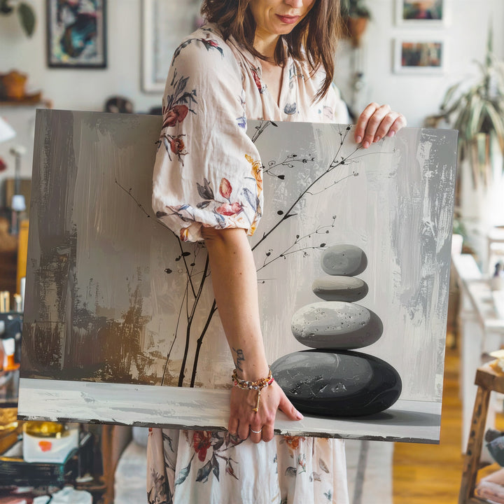 Stacked Stones & Botanical Mural Canvas – Minimalist Zen Still Life Art - Gifitto