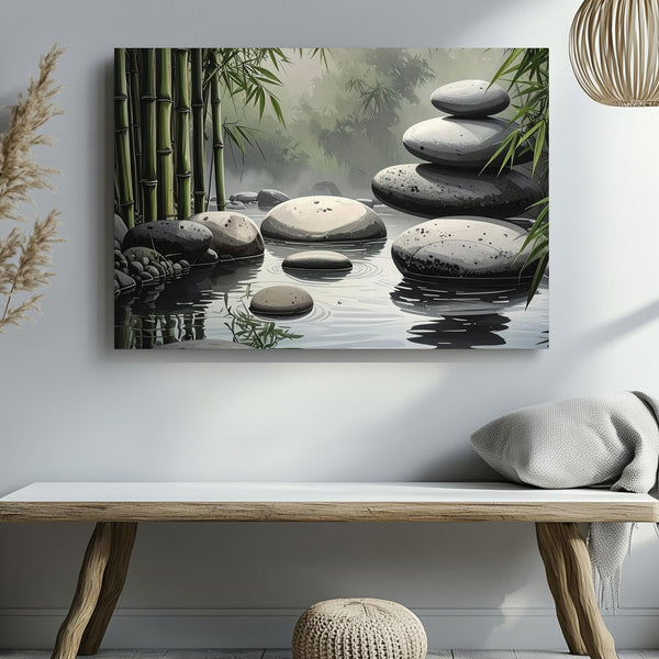Zen Garden Stones & Bamboo Canvas – Minimalist Reflection of Balance & Stillness - Gifitto