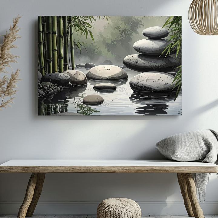 Zen Garden Stones & Bamboo Canvas – Minimalist Reflection of Balance & Stillness - Gifitto