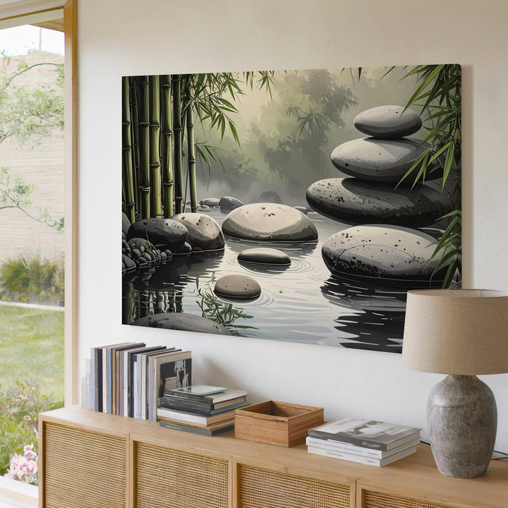 Zen Garden Stones & Bamboo Canvas – Minimalist Reflection of Balance & Stillness - Gifitto