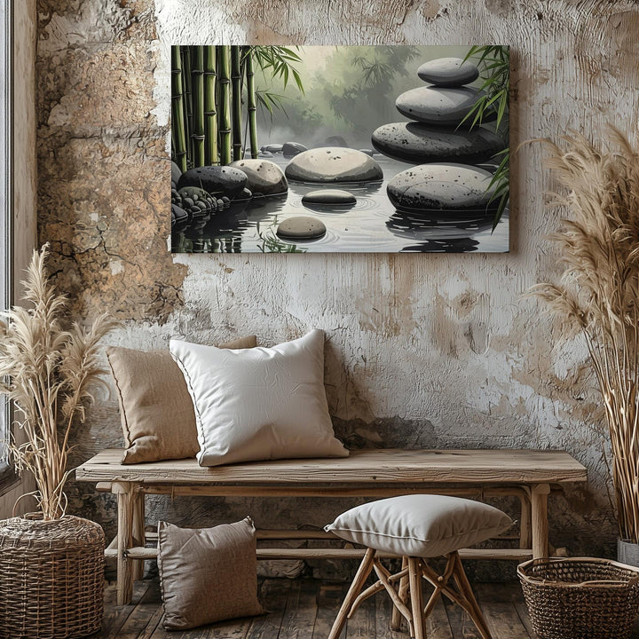Zen Garden Stones & Bamboo Canvas – Minimalist Reflection of Balance & Stillness - Gifitto