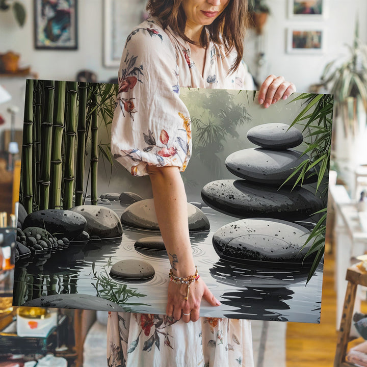 Zen Garden Stones & Bamboo Canvas – Minimalist Reflection of Balance & Stillness - Gifitto