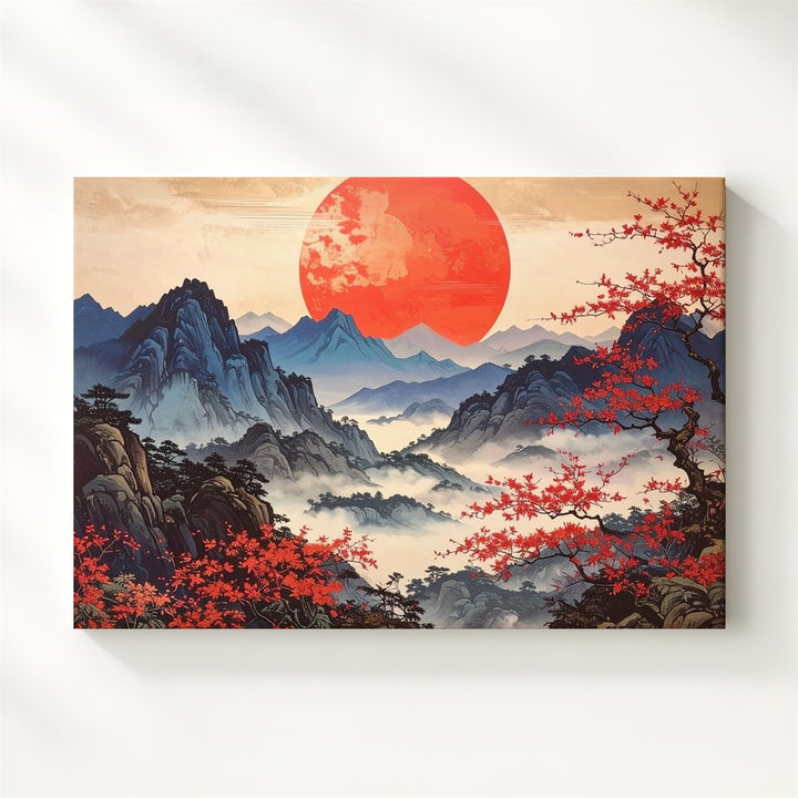 Red Sun & Indigo Peaks Canvas – Traditional Asian Landscape of Season & Spirit - Gifitto