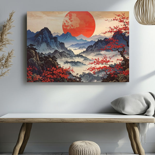 Red Sun & Indigo Peaks Canvas – Traditional Asian Landscape of Season & Spirit - Gifitto