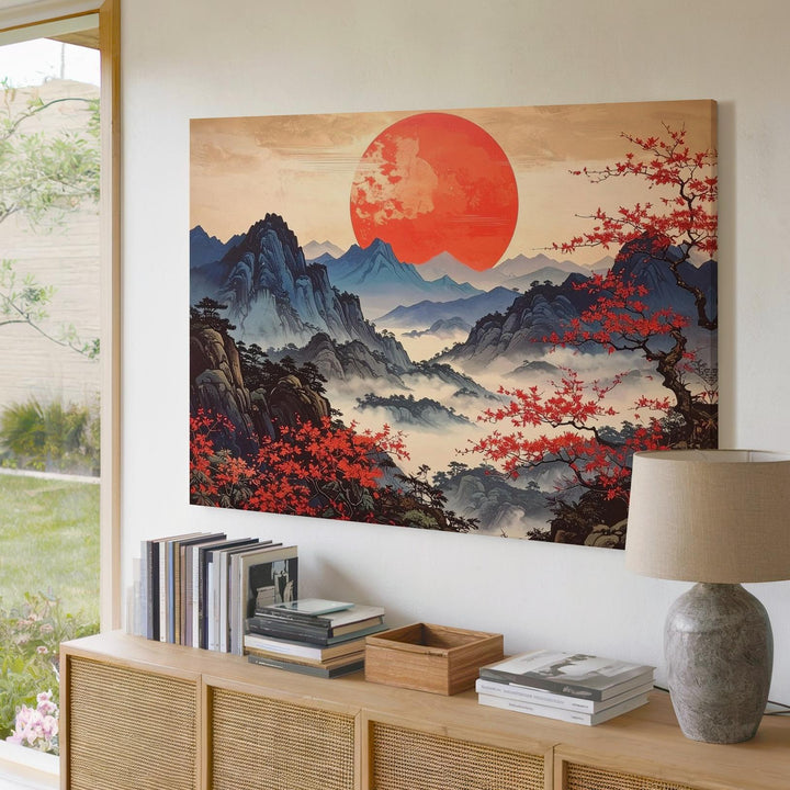 Red Sun & Indigo Peaks Canvas – Traditional Asian Landscape of Season & Spirit - Gifitto