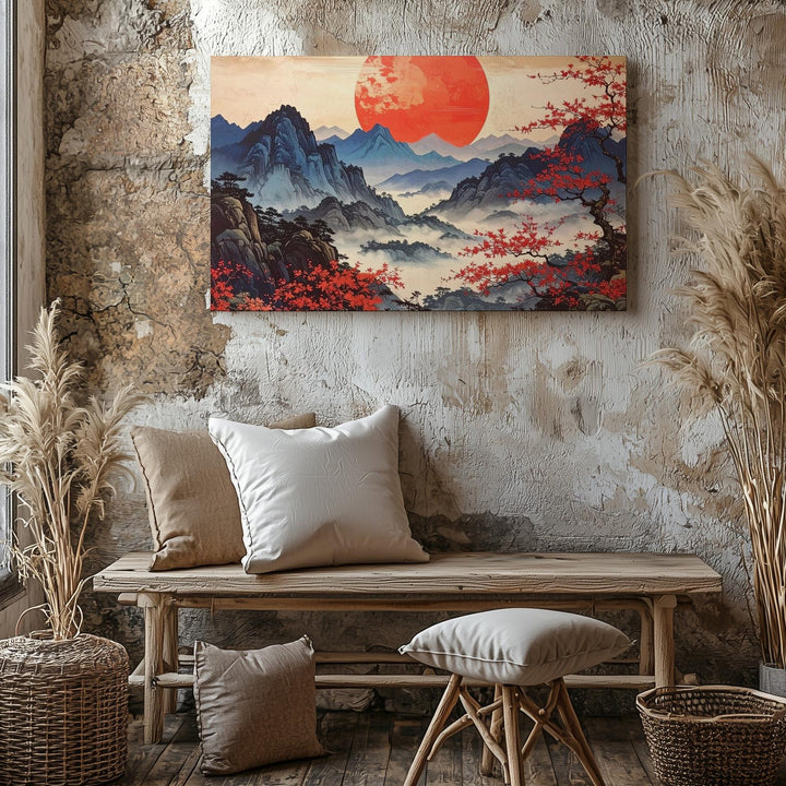 Red Sun & Indigo Peaks Canvas – Traditional Asian Landscape of Season & Spirit - Gifitto