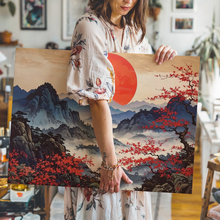 Red Sun & Indigo Peaks Canvas – Traditional Asian Landscape of Season & Spirit - Gifitto
