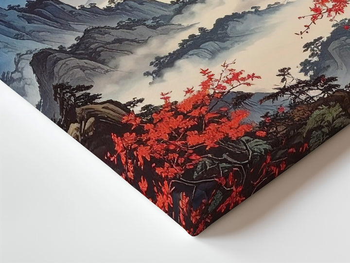Red Sun & Indigo Peaks Canvas – Traditional Asian Landscape of Season & Spirit - Gifitto