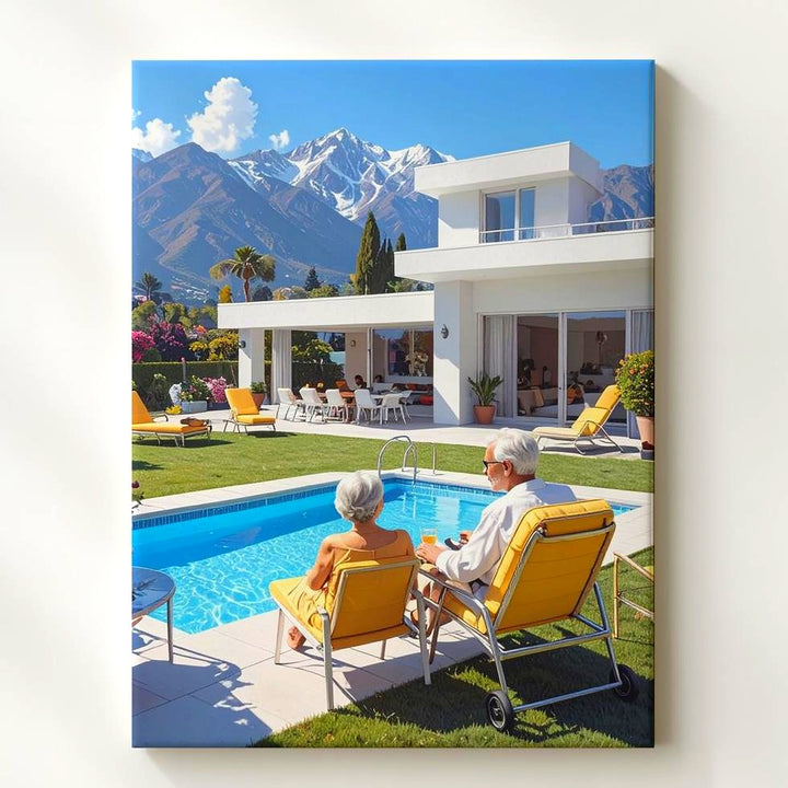 Luxurious Modern Villa Canvas – Poolside Relaxation with Mountain View - Gifitto