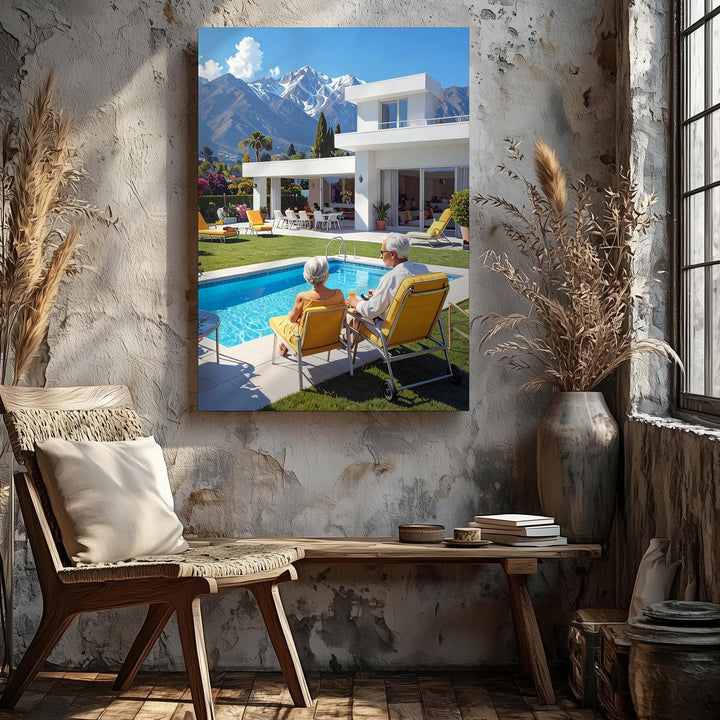 Luxurious Modern Villa Canvas – Poolside Relaxation with Mountain View - Gifitto