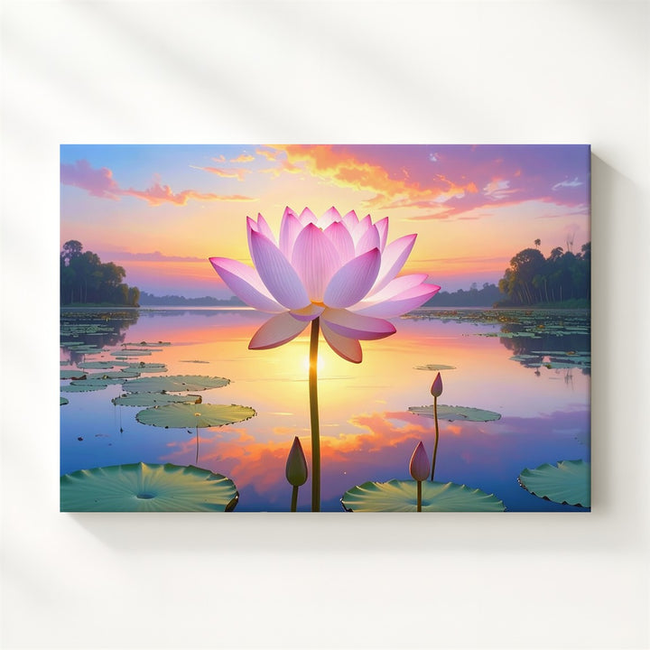 Sunset Lotus Reflection Canvas – Surreal Floral Serenity in Vibrant Stillness - Gifitto