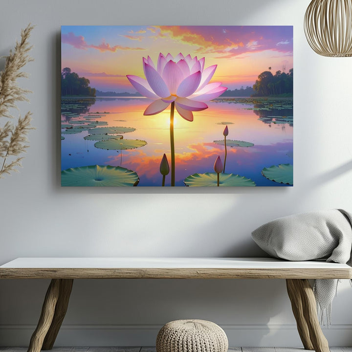 Sunset Lotus Reflection Canvas – Surreal Floral Serenity in Vibrant Stillness - Gifitto