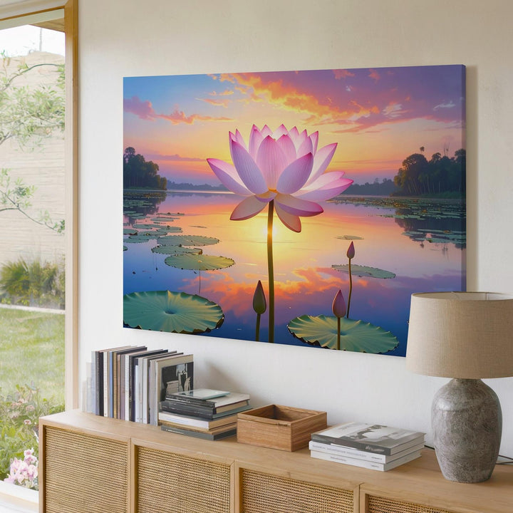 Sunset Lotus Reflection Canvas – Surreal Floral Serenity in Vibrant Stillness - Gifitto