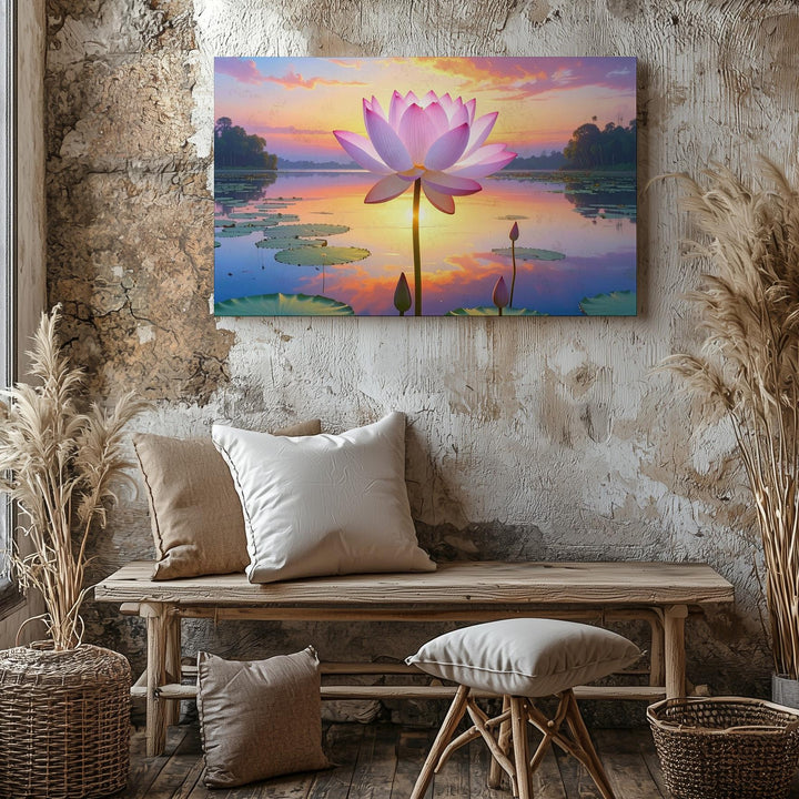 Sunset Lotus Reflection Canvas – Surreal Floral Serenity in Vibrant Stillness - Gifitto