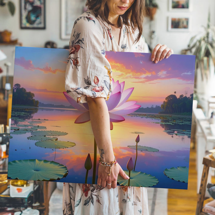 Sunset Lotus Reflection Canvas – Surreal Floral Serenity in Vibrant Stillness - Gifitto