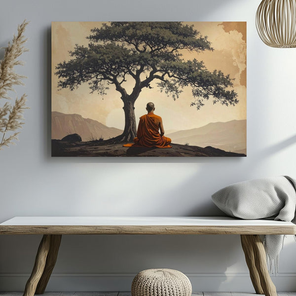 Meditating Monk Under Tree Canvas – Spiritual Stillness in Earthy Sepia Tones - Gifitto