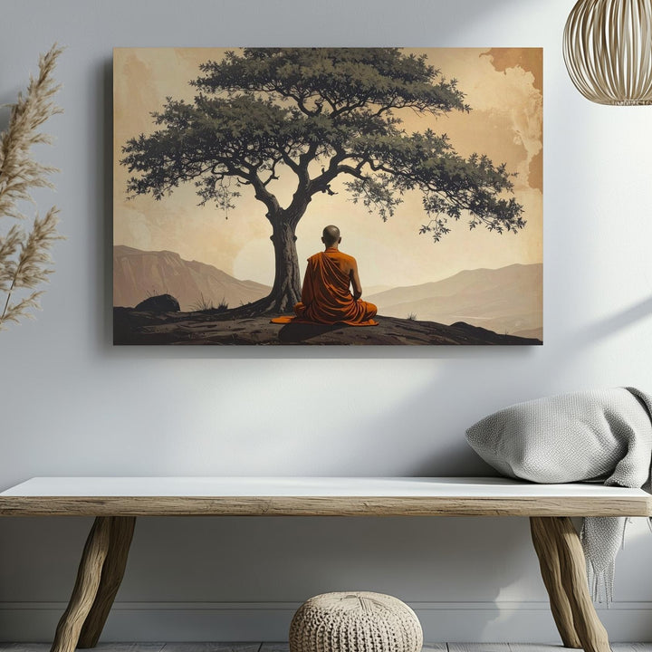 Meditating Monk Under Tree Canvas – Spiritual Stillness in Earthy Sepia Tones - Gifitto