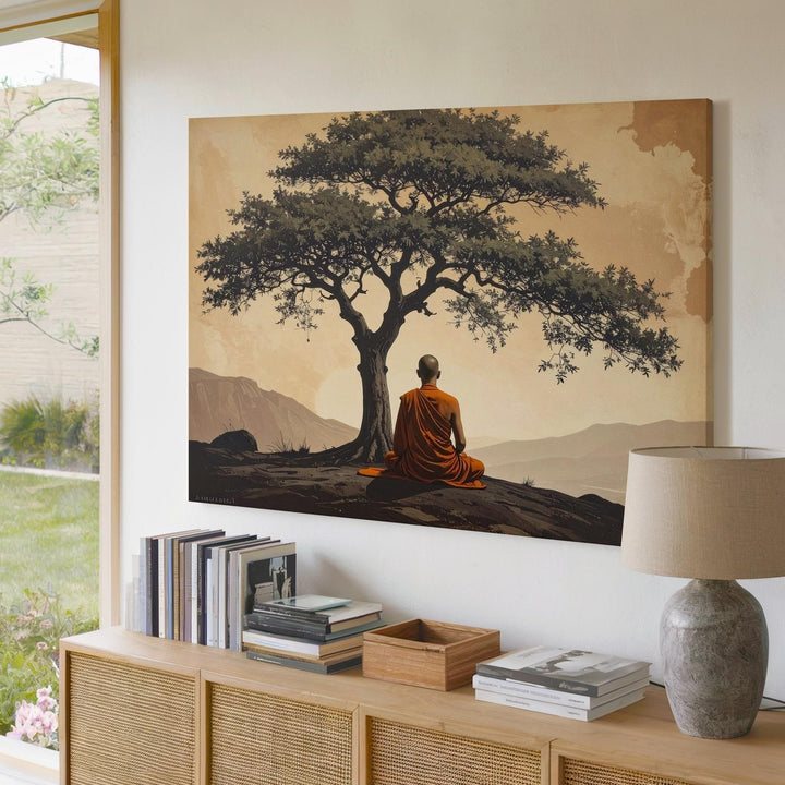 Meditating Monk Under Tree Canvas – Spiritual Stillness in Earthy Sepia Tones - Gifitto