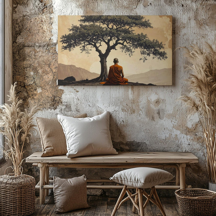 Meditating Monk Under Tree Canvas – Spiritual Stillness in Earthy Sepia Tones - Gifitto