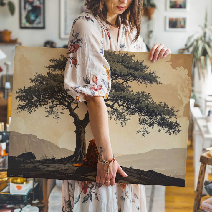 Meditating Monk Under Tree Canvas – Spiritual Stillness in Earthy Sepia Tones - Gifitto
